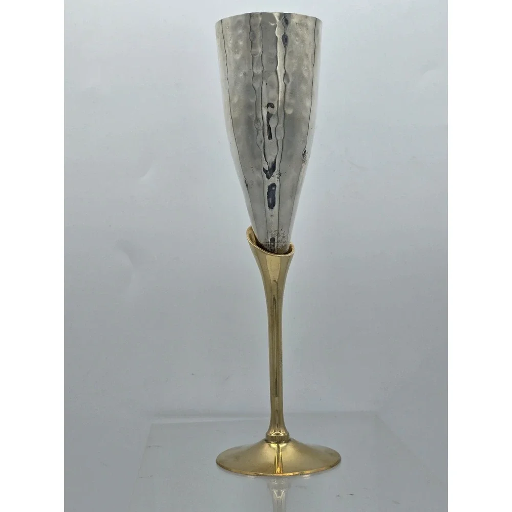 Engraved Brass Goblet Champagne Glass Flute‎ - Silver And Gold Tone